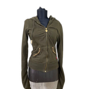 Twisted Heart Hoodie embroidered studded full zip Women’s S green Y2K style